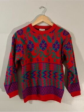 Vintage 80’s Sycamore bright red floral knit sweater whimsy winter cabincore ski